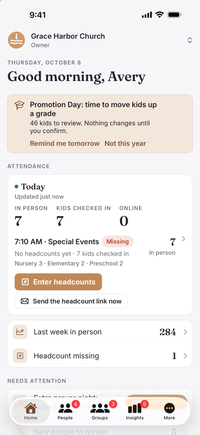 Vessel Ministry on iPhone: the staff home screen with today’s attendance, kids checked in and a grade promotion reminder.