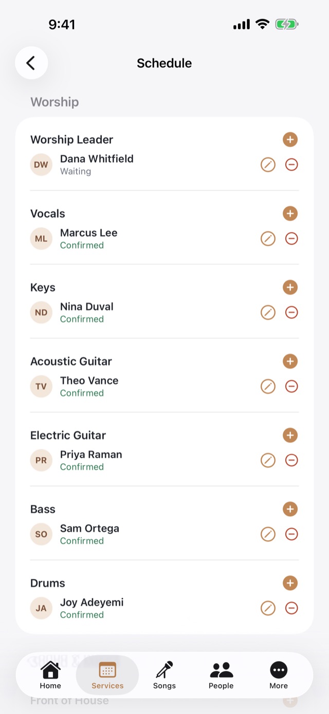 Vessel Worship on iPhone: the schedule for a service, each position with who is serving and whether they’ve confirmed. The people shown are made up.